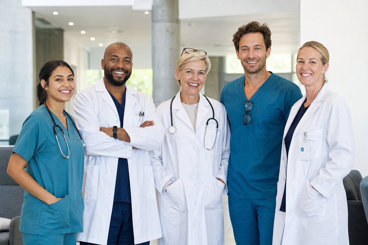 The diverse Active Health Way team standing together in a bright clinic